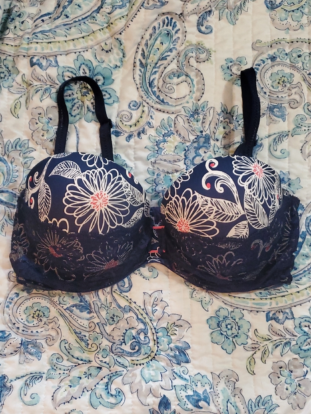La Vie En Rose Navy Floral Lace Multi-Way Push-Up Bra with Coral Accents